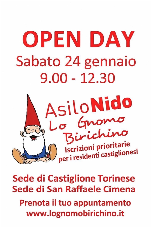 OPEN DAY SABATO 24 GENNAIO 2026 - APRONO LE ISCRIZIONI 2026/2027 PRESSO IL MICRONIDO "LO GNOMO BIRICHINO" (sedi di Castiglione Torinese e San Raffaele Cimena)