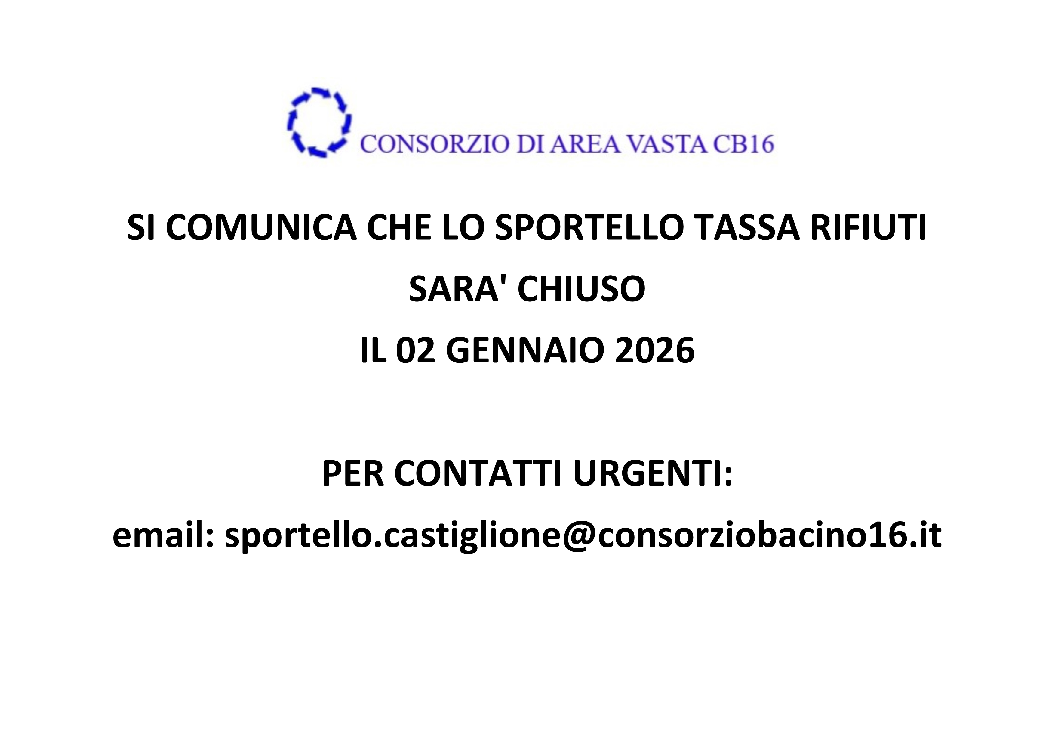 Chiusura periodo natalizio Consorzio di Area Vasta Bacino 16